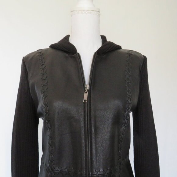 New Black Leather Ribbed Wool Cropped Zipper Hood Women’s Fashion Jacket size L - Picture 7 of 10